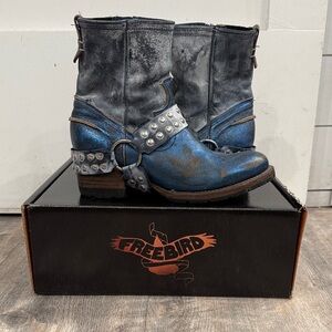 Freebird Metallic Blue Ramone Motorcycle Studded Harness Moto Boots 8